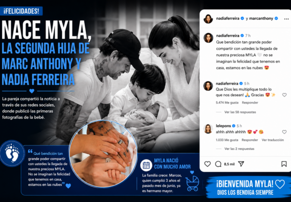 La familia de Marc Anthony crece: nace Myla, su segunda hija con Nadia Ferreira