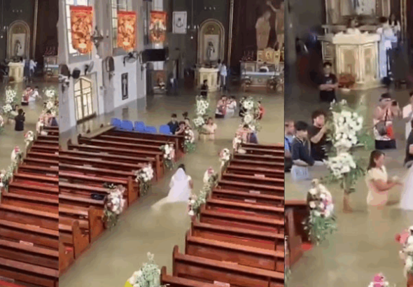 Amor a prueba de tormentas: novia llega al altar en una iglesia inundada en Filipinas
